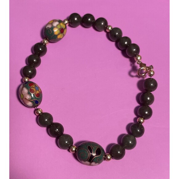 Natural Green Nephrite Jade and 14k Gold Bracelet, 7 3/4 Inches - Picture 1 of 7